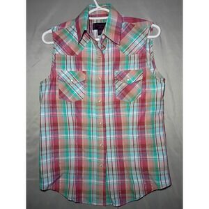 Cowgirl Legend Shirt Womens S Rose Turquoise Sleeveless Plaid Pearl Snap Western